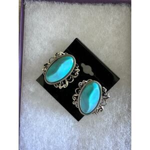 Vintage Women's Blue Silver Turquoise Tone Filigree Earrings